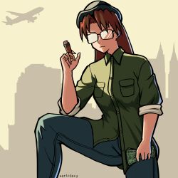  1girl aircraft airplane artist_name azumanga_daiou big_smoke big_smoke_(cosplay) black_hat black_pants breast_pocket brown_hair building cigarette closed_mouth collared_shirt cosplay glasses grand_theft_auto grand_theft_auto:_san_andreas green_shirt hand_up hat highres holding holding_cigarette holding_money long_hair markislazy mizuhara_koyomi money pants parody pocket shirt skyscraper sleeves_rolled_up solo standing watermark 