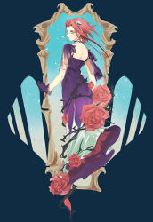  1girl arios_(ty107) blue_background dress floating_hair flower gloves izayoi_aki long_dress looking_at_viewer looking_back purple_dress purple_gloves red_flower red_hair red_rose rose see-through_silhouette short_hair_with_long_locks sidelocks sima solo standing yellow_eyes yu-gi-oh! yu-gi-oh!_5d&#039;s 