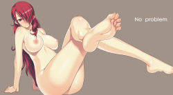1girl arm_support ass atlus barefoot blush breasts breasts_apart crossed_legs darabuchi english_text feet foot_focus foreshortening hair_over_one_eye kirijou_mitsuru large_breasts legs long_hair medium_breasts nipples no_pussy nude persona persona_3 puffy_nipples red_eyes red_hair simple_background sitting soles solo thighs toes truth wallpaper rating:Questionable score:225 user:danbooru