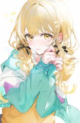  1girl blonde_hair blush bow braid flying_sweatdrops fujita_kotone gakuen_idolmaster hair_ribbon heart heart_in_eye highres idolmaster jacket long_hair looking_at_viewer multicolored_clothes multicolored_jacket open_mouth own_hands_together ribbon shia_job shirt simple_background smile solo symbol_in_eye twin_braids upper_body white_background yellow_eyes yellow_shirt 