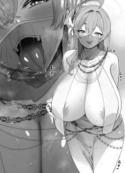  1girl :p absurdres areola_slip bare_shoulders blue_archive blush breast_curtains breasts cleavage close-up commentary_request detached_collar greyscale hanako_(blue_archive) harem_outfit heart highres huge_breasts jewelry looking_at_viewer mario_(mario_portal) monochrome mouth_veil multiple_necklaces multiple_views navel necklace pelvic_curtain revealing_clothes saliva smile sweat tongue tongue_out veil 