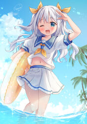  1girl ;d anchor_print blue_eyes blue_sailor_collar blue_shirt blue_sky borrowed_character bow cloud commission cumulonimbus_cloud day dot_nose floating_clothes floating_hair grey_hair hair_between_eyes hair_bow hair_intakes hand_up highres holding inflatable_raft light_blush light_particles long_hair midriff navel neckerchief ocean one_eye_closed open_mouth original palm_tree petite pleated_skirt puffy_short_sleeves puffy_sleeves sailor_collar school_uniform serafuku shading_eyes shirt short_sleeves sidelocks signature skeb_commission skirt sky smile sparkle standing standing_on_one_leg sugutsuka_rerun tareme tree two_side_up wading wavy_hair white_skirt yellow_bow yellow_neckerchief 