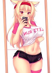 1girl animal_ear_fluff animal_ears blonde_hair blush breasts cat_ears cellphone clothes_lift commentary english_commentary hair_between_eyes headband highres large_breasts lifting_own_clothes long_hair mirror navel nottytiffy original patreon_username phone red_eyes reflection selfie shirt_lift short_shorts shorts slit_pupils smartphone solo striped_clothes striped_thighhighs sweatband thighhighs tiffy_(nottytiffy) watermark web_address white_background rating:Sensitive score:66 user:danbooru