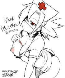 +_+ 1girl 2015 between_breasts breast_slip breasts choker cleavage dated dress eyepatch hair_over_one_eye hat large_breasts mask monochrome mouth_mask nipples nurse nurse_cap one_breast_out ponytail red_eyes short_dress simple_background skullgirls solo spot_color surgical_mask thermometer tsukudani_(coke-buta) valentine_(skullgirls) rating:Questionable score:41 user:danbooru