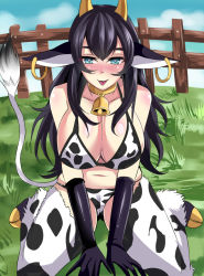 1girl :p animal_ears bell bikini black_hair blue_eyes blush breasts cleavage cow_ears cow_tail cowbell earrings gloves heart heart-shaped_pupils hooves horns jewelry large_breasts long_hair monster_girl nishida_megane solo swimsuit symbol-shaped_pupils tail tongue tongue_out rating:Questionable score:57 user:Cosby_
