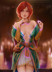 1girl artist_name bare_shoulders belt blurry braid breasts bridal_gauntlets candle cleavage daria_leonova depth_of_field dress finger_to_mouth green_eyes hair_ornament highres jewelry magic medium_breasts necklace parted_lips patreon_username pouch red_hair side_braid smile solo standing the_witcher_(series) the_witcher_3 tiara triss_merigold rating:Sensitive score:39 user:danbooru