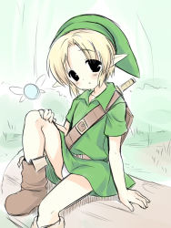  1boy black_eyes blonde_hair blush boots briefs child link male_focus male_underwear navi nintendo open_mouth pointy_ears short_hair sitting solo suama sword the_legend_of_zelda the_legend_of_zelda:_ocarina_of_time underwear weapon young_link  rating:Sensitive score:25 user:BlueBaroness