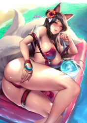  1girl ahri_(league_of_legends) animal_ears artist_name ass bare_shoulders bikini black_hair blush breasts brown_eyes character_name cian_yo facial_mark flower fox_ears hair_flower hair_ornament half-closed_eyes highres jewelry large_breasts league_of_legends long_hair looking_at_viewer lying nail_polish off_shoulder on_side orb parted_lips cameltoe red_bikini sideboob smile solo swimsuit water wet whisker_markings  rating:Sensitive score:73 user:danbooru