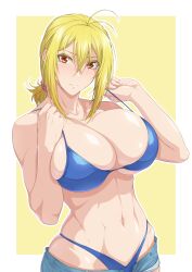  1girl antenna_hair aoba_tsukuyo bare_shoulders bikini blonde_hair blue_bikini blush breasts cleavage closed_mouth collarbone commentary_request cowboy_shot denim denim_shorts hair_between_eyes hands_up highleg highleg_bikini highres large_breasts looking_at_viewer medium_hair navel open_fly ozaneko ponytail red_eyes short_shorts shorts skindentation solo standing stomach swimsuit teeth temple_(series) toned yellow_background 