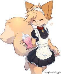  1girl animal_collar animal_ears apron barefoot black_dress blonde_hair body_fur claws closed_eyes collar commentary cup disposable_cup dress drinking_straw english_commentary fang fox_ears fox_girl fox_tail furry furry_female heart highres holding holding_cup ko-fi_username maid maid_apron maid_headdress original pawpads puffy_short_sleeves puffy_sleeves short_dress short_sleeves simple_background smile solo standing standing_on_one_leg tail typh watermark web_address white_background yellow_fur 