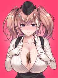  1girl atlanta_(kancolle) black_headwear blouse blush breasts brown_hair chocolate chocolate_on_body chocolate_on_breasts dress_shirt earrings food_on_body food_on_breasts garrison_cap gloves grey_eyes hat jewelry kantai_collection large_breasts long_hair long_sleeves partially_fingerless_gloves ppp_room shirt star_(symbol) star_earrings suspenders two_side_up white_gloves white_shirt  rating:Sensitive score:15 user:danbooru