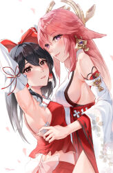  2girls animal_ears arm_up armpits bare_shoulders black_hair bow breasts commentary crop_top crossover detached_sleeves floral_print fox_ears genshin_impact grey_eyes hair_bow hakurei_reimu highres long_hair looking_at_viewer medium_breasts midriff multiple_girls nontraditional_miko parted_lips pink_hair purple_eyes red_bow reo_no_suke shirt sideboob simple_background touhou white_background white_shirt yae_miko 