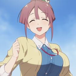 1girl :d ^_^ animated animated_gif blue_sky blush bouncing_breasts breasts brown_hair closed_eyes commentary_request day closed_eyes hair_between_eyes hair_bun hair_ornament large_breasts long_sleeves mushiro_(nijie728995) open_mouth outdoors running sakura_quest shinomiya_shiori single_hair_bun sky smile solo upper_body rating:Sensitive score:176 user:danbooru