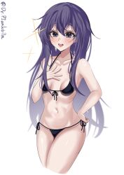  1girl akatsuki_(kancolle) bare_shoulders bikini blush breasts collarbone dr.plankton hair_between_eyes highres kantai_collection loli long_hair long_sleeves looking_at_viewer navel open_mouth purple_eyes purple_hair simple_background small_breasts smile solo swimsuit thighhighs thighs very_long_hair white_background 