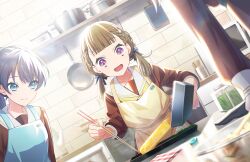  3girls :d apron black_gloves black_ribbon blue_apron blue_eyes blue_hair braid brown_dress brown_hair center-flap_bangs chopsticks closed_mouth cooking dark_blue_hair dress dutch_angle food game_cg gloves hair_ribbon half_gloves happy hasu_no_sora_school_uniform highres holding holding_chopsticks holding_pan indoors kachimachi_kosuzu kitchen link!_like!_love_live! long_hair long_sleeves looking_at_another love_live! low_twintails lower_teeth_only makiyakinabe mole mole_on_neck multiple_girls murano_sayaka neckerchief official_alternate_hairstyle official_art omelet open_mouth out_of_frame pink_eyes pinstripe_ribbon plate ponytail ribbon sailor_collar sailor_dress school_uniform side_ahoge side_braids smile solo_focus split_mouth tamagoyaki teeth third-party_source twintails virtual_youtuber white_sailor_collar winter_uniform yellow_apron yellow_neckerchief yugiri_tsuzuri 