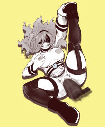  1girl absurdres ankle_boots artist_name artist_request ass belt belted_dress black_footwear black_hairband black_thighhighs blush boku_no_hero_academia boots breasts brown_eyes burnin_(boku_no_hero_academia) buttons claws clenched_hands clothes_lift collared_dress crazy_eyes curvy dildo double-breasted dress dress_lift eye_mask eyebrows_visible_through_mask eyelashes fangs female_focus female_masturbation fiery_hair fiery_pubic_hair fire full_body garter_straps grabbing_own_breast gradient_hair green_fire green_hair green_pubic_hair hair_between_eyes hair_ornament hairband highres holding_own_foot jacket kamiji_moe large_breasts leg_up legs long_hair long_sleeves looking_at_viewer lying mask masturbation multicolored_hair naughty_face nipples no_bra no_panties object_insertion on_back open_clothes open_dress open_mouth ponytail pubic_hair pussy sex_toy short_dress side_slit sidelocks spread_legs suit_jacket thick_thighs thighhighs thighs vaginal vaginal_object_insertion white_dress wide_ponytail yellow_background 