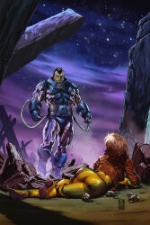  1boy 1girl absurdres apocalypse_(marvel) ass blue_gloves bodysuit brown_hair brown_jacket cable clenched_hands gloves green_bodysuit highres jacket lying mark_brooks marvel multicolored_hair muscular muscular_male night night_sky purple_bodysuit purple_gloves rock rogue_(x-men) sky standing star_(sky) two-tone_bodysuit two-tone_hair western_comics_(style) white_hair x-men x-men:_the_animated_series yellow_bodysuit yellow_gloves  rating:Sensitive score:19 user:danbooru