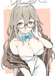  1girl akane_(blue_archive) akane_(bunny)_(blue_archive) amidatto animal_ears aqua_bow aqua_bowtie blue_archive blush bow bowtie breasts cleavage detached_collar fake_animal_ears glasses gloves grin hair_between_eyes hairband hara_yumi highres large_breasts leotard light_brown_hair long_hair looking_at_viewer pantyhose playboy_bunny rabbit_ears smile solo white_gloves white_hairband white_leotard white_pantyhose 