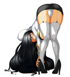  1girl ass bent_over black_footwear black_hair blush breasts cameltoe female_focus from_behind full_body garter_straps high_heels highres large_breasts leaning_forward legs long_hair looking_at_viewer looking_back miniskirt panties pantyshot pencil_skirt red_eyes shoes simple_background skirt solo standing stormywing thighhighs underboob underwear upskirt white_background white_panties white_thighhighs 