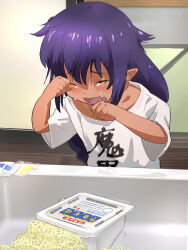  1girl black_hair blush clenched_hands clothes_writing commentary_request crying dark-skinned_female dark_skin failure fang food hair_between_eyes hair_flaps highres indoors instant_soba jahy jahy-sama_wa_kujikenai! kyarahiba long_hair noodles open_mouth pointy_ears rubbing_eyes shirt short_sleeves sink solo t-shirt tatami tears upper_body white_shirt yakisoba_spill 