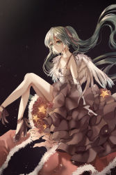  1girl absurdly_long_hair bad_id bad_pixiv_id blue_hair breasts closed_mouth collarbone dress elbow_gloves gloves green_eyes hair_ribbon hatsune_miku high_heels highres long_hair looking_at_viewer medium_breasts night night_sky red_ribbon ribbon sepia sky smile solo star_(sky) starry_sky twintails very_long_hair vocaloid white_dress white_gloves wings z_z 