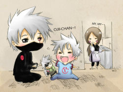  1girl 2boys aged_up alternate_universe baby black_eyes black_pants black_shirt blush brown_hair child closed_eyes couple doll english_text face_mask facial_mark facing_another father_and_son floor full_body hand_on_mouth hand_up happy hatake_kakashi hatake_sakumo holding holding_doll if_they_mated indoors kai-isolated kitchen long_hair long_sleeves looking_at_another mask mother_and_son mouth_mask multiple_boys naruto naruto_(series) naruto_shippuuden nohara_rin open_mouth pants parents playing room scar scar_across_eye scar_on_face sharingan shirt short_hair silver_hair sink sitting spiked_hair standing talking toddler tongue wall  rating:Sensitive score:16 user:danbooru