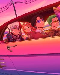  1girl 3boys absurdres anger_vein angry bandaid bare_shoulders black_hair blue_eyes boku_no_hero_academia burn_scar car car_interior collar collared_jacket collared_shirt crossover darling_in_the_franxx earrings expressionless glasses green_eyes grey_eyes heterochromia highres hood horns jacket jewelry kimichan levi_(shingeki_no_kyojin) looking_at_viewer motor_vehicle multicolored_hair multiple_boys multiple_crossover necklace necktie one_eye_closed one_piece parted_lips pink_hair pink_sky purple-tinted_eyewear red_hair ringed_eyes roronoa_zoro scar shingeki_no_kyojin shirt sky smile sunset tinted_eyewear todoroki_shouto tongue tongue_out white_hair yellow-tinted_eyewear zero_two_(darling_in_the_franxx)  rating:Sensitive score:15 user:danbooru