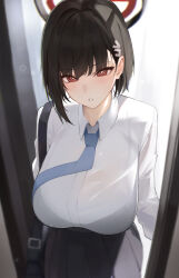  1girl absurdres alternate_hair_length alternate_hairstyle black_hair blue_archive blush breasts hair_ornament hairclip halo highres large_breasts mukana_meme necktie parted_lips pleated_skirt red_eyes ringed_eyes rio_(blue_archive) school_uniform short_hair skirt solo 