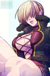 1girl alternate_color black_jacket blonde_hair breasts cleavage hair_over_eyes jacket large_breasts legs looking_at_viewer oe2 shermie short_hair smile solo the_king_of_fighters the_king_of_fighters_xv