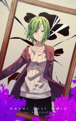 1girl aged_up black_eyes black_pants colored_eyelashes flower framed green_hair highres jacket kagerou_project kido_tsubomi mazumaro pants shissou_word_(vocaloid) short_hair smile solo sweater vocaloid