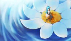  1girl blue_hair dekus dress fairy flower highres long_hair lying thighhighs water  rating:Sensitive score:2 user:Dekus