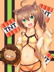  1girl absurdres ahoge animal_ears animal-shaped_pillow blue_eyes breasts brown_hair cat_ears collarbone commentary_request ebi_frion_(matsuri_channel) explosive groin hair_ornament highres hololive jacket kanimiso_(juutilainen77) looking_at_viewer medium_hair minecraft natsuiro_matsuri natsuiro_matsuri_(matsuri&#039;s_day_off) navel open_mouth short_shorts shorts side_ponytail small_breasts solo tnt virtual_youtuber  rating:Questionable score:9 user:danbooru