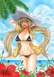  10s 1girl :d beach bikini black_bikini blonde_hair blue_eyes bow breasts cloud corona_timir corona_timiru covered_erect_nipples day flower hair_bow hair_ornament hat hibiscus large_breasts long_hair lyrical_nanoha mahou_shoujo_lyrical_nanoha mahou_shoujo_lyrical_nanoha_vivid marker_(medium) ocean aged_up open_mouth palm_tree sky smile solo swimsuit takecha traditional_media tree twintails  rating:Questionable score:25 user:ron2k15
