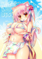  1girl absurdres ahoge animal_ear_fluff animal_ears artist_name bikini blush bow breast_hold breast_lift breasts cat_ears cat_girl cat_tail circle_name clothes_pull cloud cloudy_sky floral_print flower front-tie_bikini_top front-tie_top groin hair_bow hair_flower hair_ornament hibiscus highres jacket jacket_pull large_breasts long_hair mouth_hold navel oppai_loli original pink_hair sarong scrunchie shia_flatpaddy short_twintails sky smile solo swimsuit syroh tail tail_scrunchie twintails untied_bikini very_long_hair wrist_scrunchie yellow_eyes 