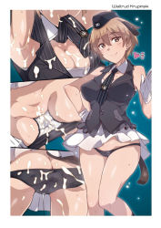 1girl animal_ears ass bare_shoulders black_panties blonde_hair blue_background blush brave_witches breasts brown_eyes bukkake butt_crack cameltoe cleavage closed_mouth cum cum_in_clothes cum_in_panties cum_on_body cum_on_lower_body cumdrip_onto_panties dog_ears dog_tail em_(totsuzen_no_hakike) gloves hat large_breasts looking_at_viewer military_hat necktie panties panty_pull shiny_skin short_hair simple_background skirt smile solo tail underwear waltrud_krupinski white_gloves white_skirt world_witches_series rating:Explicit score:67 user:danbooru