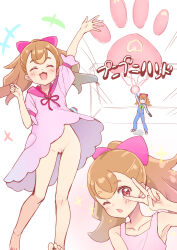  1girl :3 absurdres arm_up barefoot blush bow brown_hair chestnut_mouth cleft_of_venus closed_eyes dress hair_bow highres inukai_komugi loli magic multicolored_hair no_panties one_eye_closed paw_print pink_bow pink_dress ponytail precure pussy red_eyes solo sparkle tenjou_ryuka v v_over_eye waving white_background wonderful_precure! 