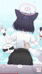  1girl animal_ears black_choker black_hair blue_archive bra_visible_through_clothes cat_ears choker clothes_around_waist doodle_sensei_(blue_archive) facing_viewer from_behind halo hands_up highres jacket jacket_around_waist kazusa_(band)_(blue_archive) kazusa_(blue_archive) pink_halo rla13753 sensei_(blue_archive) shirt short_hair short_sleeves sitting solo_focus t-shirt user_interface white_shirt 