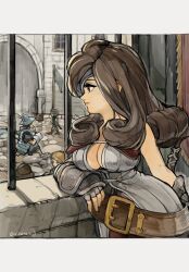  1boy 1girl 2others adelbert_steiner arch arm_armor armor beatrix_(ff9) black_eyes breastplate breasts brown_eyes brown_hair castle center_opening chest_strap cleavage commentary cuirass curly_hair dress elbow_rest eyepatch facing_to_the_side faulds final_fantasy final_fantasy_ix fingerless_gloves flag from_side full_armor gauntlets gloves grey_dress hat_feather highres leaning leather_belt light_smile long_hair looking_at_another morion multiple_others oversized_belt running sabaton serious sleeveless sleeveless_dress sleeveless_duster solo_focus stone_floor stone_wall tapestry uzutanco vambraces wall water window 