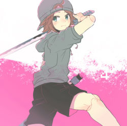  1boy bad_id bad_pixiv_id baseball_cap blue_eyes brown_hair doll_joints gradient_background hat joints katana lito_(24281122) looking_at_viewer looking_away male_focus pink_background short_hair shorts simple_background solo sword weapon white_background witoru yongoh yongoh_(witoru)  rating:Sensitive score:3 user:BlueBaroness