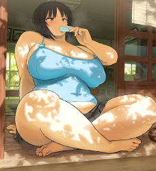  1girl alternate_breast_size amagami arm_support bare_shoulders barefoot belly black_hair black_skirt blue_shirt blush breasts brown_eyes cleavage covered_erect_nipples covered_navel day eating feet food food_in_mouth heroherotom holding holding_food huge_breasts indian_style leaning_back miniskirt muffin_top plump popsicle shirt short_hair sitting skirt sleeveless sleeveless_shirt sliding_doors solo spaghetti_strap sunlight sweat tachibana_miya tank_top thighs toes veranda  rating:Questionable score:90 user:Parcheliam