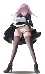  1girl @_@ absurdres azur_lane bar_censor black_gloves black_thighhighs blush breasts brown_footwear censored cheems clothes_lift devonshire_(azur_lane) dress dress_lift full_body gloves hands_up high_heels highres holster maid maid_headdress medium_breasts medium_hair open_mouth purple_hair pussy_juice sex_toy simple_background skindentation solo standing thigh_holster thighhighs vibrator vibrator_in_thighhighs wavy_mouth white_background yellow_eyes 