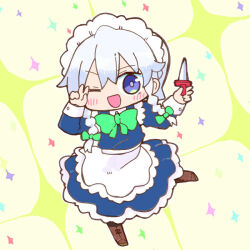  1girl ;d apron black_pantyhose blue_dress blue_eyes blush_stickers boots bow braid brown_footwear chibi commentary_request dress full_body green_bow grey_hair hair_between_eyes hair_bow hands_up holding holding_knife izayoi_sakuya juliet_sleeves kasuga_yuuki knife long_sleeves looking_at_viewer maid maid_headdress one_eye_closed open_mouth pantyhose puffy_sleeves smile solo sparkle standing standing_on_one_leg touhou twin_braids v white_apron 