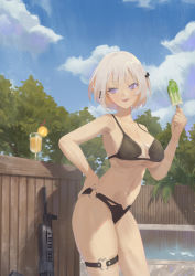  1girl :d bad_id bad_pixiv_id bikini black_bikini blue_sky breasts choke_(weapon) cirilla_lin cleavage cloud cup drinking_glass drinking_straw drum_magazine duckbill_choke fence food girls&#039;_frontline gun hand_on_own_hip highres large_breasts light_machine_gun looking_to_the_side machine_gun magazine_(weapon) navel o-ring o-ring_bikini o-ring_bottom open_mouth outdoors pale_skin pool popsicle purple_eyes rpk rpk-16 rpk-16_(girls&#039;_frontline) short_hair silver_hair sky smile solo standing swimsuit thigh_strap thighs tree underboob water weapon wooden_fence 