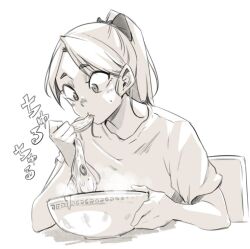  1girl ai-generated_art_(topic) ai_drawing_anime_characters_eating_ramen_(meme) bow bowl eating food hair_behind_ear hair_bow holding holding_food looking_down meme monochrome noodles original parted_bangs polyurethane_(artist) ponytail ramen shirt short_sleeves solo sound_effects steam 