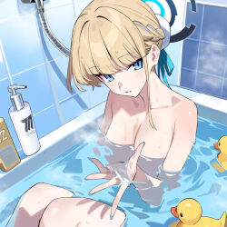  1girl bathing bathtub blonde_hair blue_archive blue_eyes blue_halo blunt_bangs braid breasts bun_cover cleavage commentary_request crown_braid hair_ribbon halo highres looking_at_viewer medium_breasts nude partially_submerged ribbon rubber_duck shampoo_bottle solo tile_wall tiles toki_(blue_archive) water wet xiaoxiao_de_kuangsan 