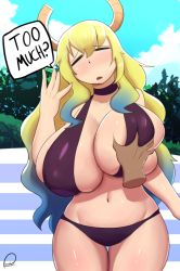  1girl bikini blonde_hair blue_hair grabbing_another&#039;s_breast breasts cleavage deep_skin disembodied_hand closed_eyes female_focus grabbing gradient_hair horns huge_breasts kobayashi-san_chi_no_maidragon long_hair lucoa_(maidragon) male_hand multicolored_hair navel peculiart solo_focus standing swimsuit  rating:Questionable score:126 user:rollo34