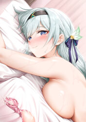 1girl aftersex arm_up armpit_crease armpits black_hairband blue_eyes blue_pupils blush breast_press breasts chinese_commentary condom dutch_angle firefly_(honkai:_star_rail) from_side green_hair hair_ornament hairband head_on_pillow heavy_breathing highres honkai:_star_rail honkai_(series) indoors large_breasts long_hair looking_at_viewer looking_to_the_side lying nude on_bed on_side on_stomach royboy sideboob smile solo sweat used_condom 