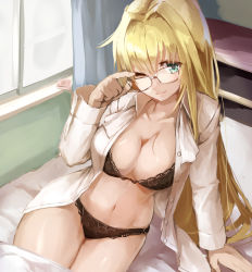  1girl ;) arm_support ass bed bedroom black_bra black_panties blonde_hair bra breasts cleavage condom condom_wrapper green_eyes large_breasts mature_female one_eye_closed open_clothes open_shirt panties smile sue_(bg-bros) tearju_lunatique to_love-ru to_love-ru_darkness under_covers underwear window wink  rating:Questionable score:67 user:PokeSmash1001
