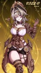  1girl absurdres belt black_shorts boots breasts brown_gloves brown_hair cleavage cowboy_shot gears gloves hat highres honkai_(series) honkai_impact_3rd large_breasts light_blush looking_at_viewer medium_hair purple_eyes ruo_zhishi_chu_jian shorts solo steampunk tagme thigh_boots too_many too_many_belts top_hat underbust vill-v  rating:Sensitive score:2 user:danbooru