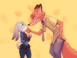  1boy 1girl belt blue_eyes blush rabbit couple disney eye_contact fox from_side furry furry_female furry_male furry_with_furry grabbing_another&#039;s_chin green_eyes hachifuku hand_in_pocket hand_on_another&#039;s_chin heart judy_hopps looking_at_another necktie nick_wilde police police_uniform smile uniform utility_belt zootopia  rating:Sensitive score:21 user:Marcerner